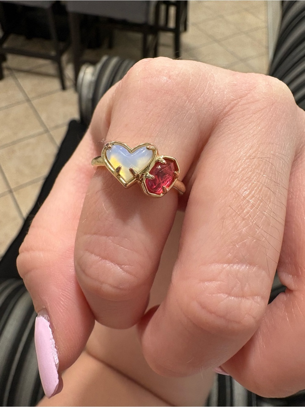 Kendra Scott Gold Heart Ring with Opalescent White and Ruby Red Stones